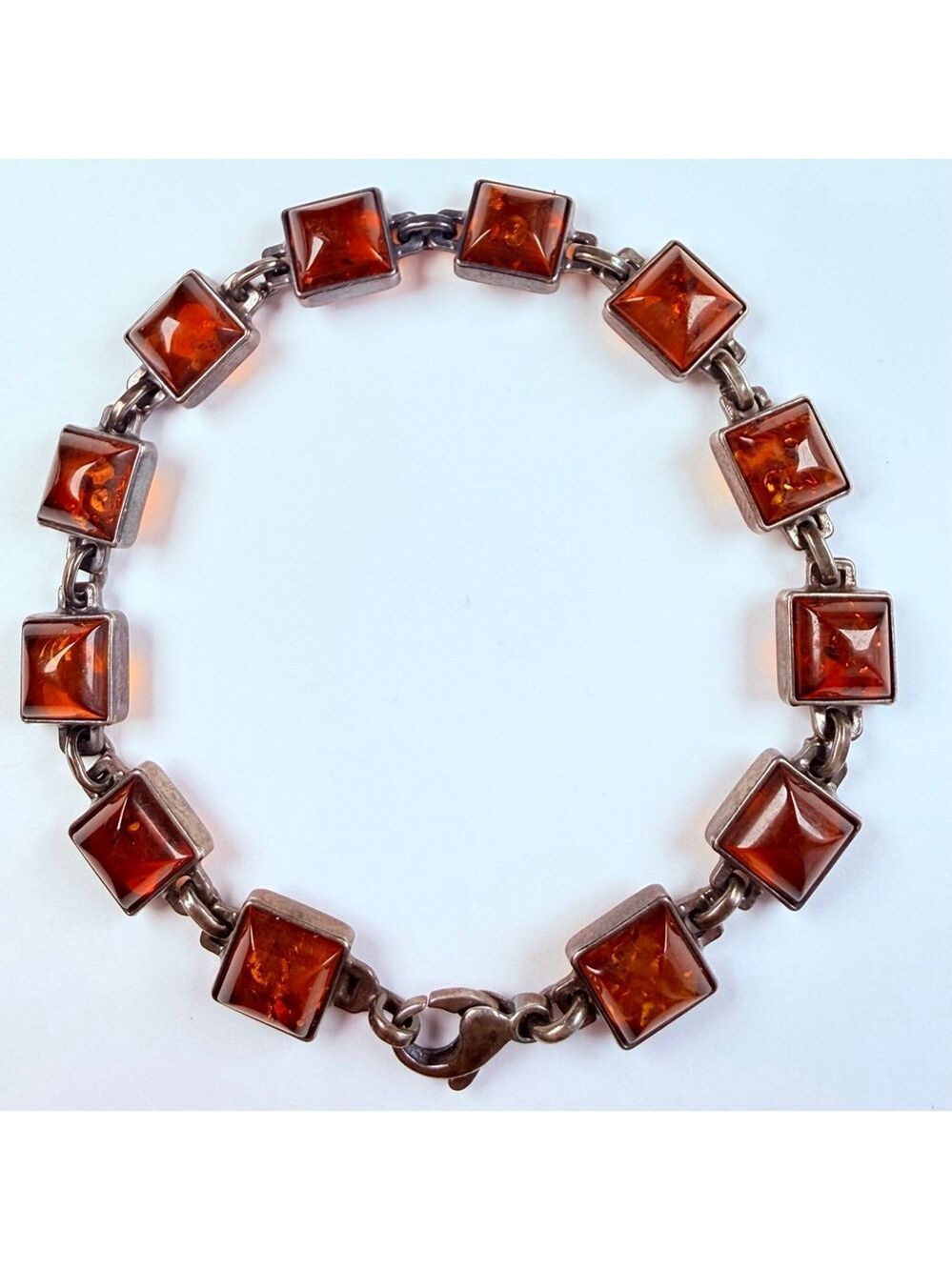9 CT Baltic Cognac Amber Sterling Silver Square Vintage Station Tennis Bracelet